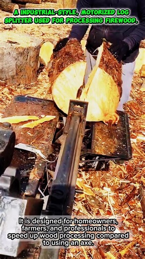 A industrial-style, motorized log splitter used for processing firewood.