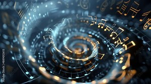 Abstract 3D spiral of glowing music notes, 3D background music, dynamic and captivating