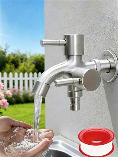 Heavy-Duty Stainless Steel Dual-Outlet Faucet - Multi-Functional Irrigation Tap | Rust-Proof & Durable Metal Construction | Features Separate Hot & Cold Water Controls | Versatile For Indoor & Outdoor Use | G1/2 Metric Thread Connection | Equipped With Shut-Off Valves | Wall-Mounted Design (Installation Hardware Included) | Ideal For Lawn Watering, Washing Machines, Showers, Bathtubs, And Garden Hose Connections | An Essential Accessory For The Modern Home | SHEIN