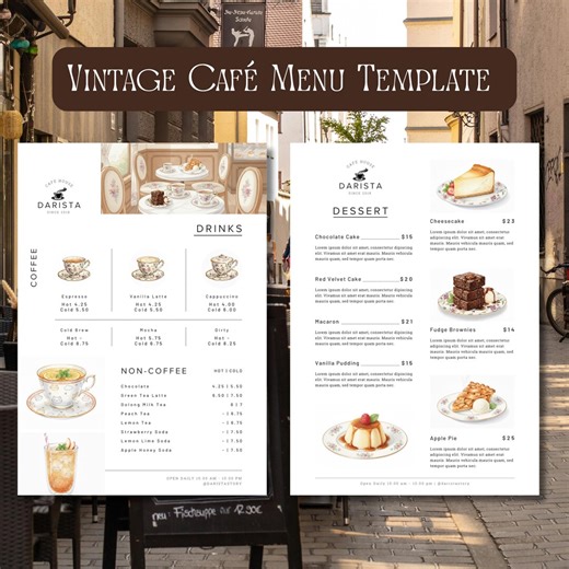 Editable Vintage Café Menu Template (digital Dessert and Drink Layout) | Elegant Restaurant Menu Sheet | Printable Restaurant Price List - Etsy