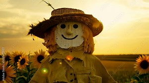 A whimsical scarecrow with a tattered hat and a friendly smile, standing guard in a sunlit field. Video Stock Video