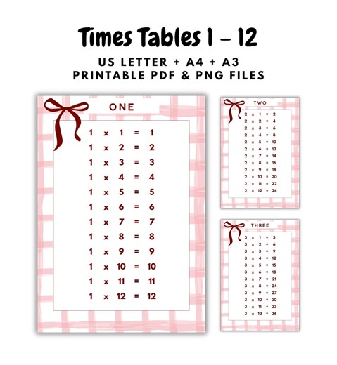 Times Tables 1-12 Printable Charts – Homeschool Math Worksheets | PDF + PNG Download - Etsy Canada