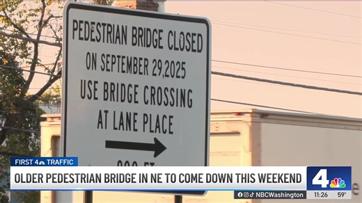 3.8K views · 19 reactions | In a part of D.C. where traffic often moves at a crawl, expect a shutdown and detour this weekend. News4’s Adam Tuss tells where a pedestrian bridge will be replaced and how it will affect drivers and residents. | NBC Washington | Facebook