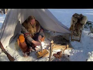 MOUNTAIN MAN BUSHCRAFT SHELTER & GRILLING MEAT OVER A CAMPFIRE