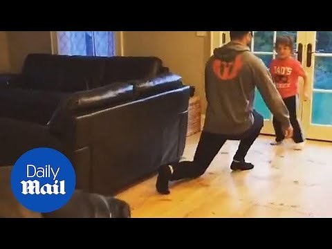 Hilarious moment adorable great dane copies owner's lunges