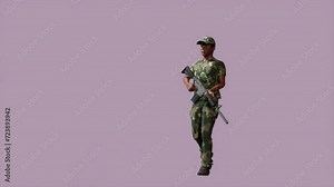 Engaging 3D animated video featuring a soldier character with a rifle. Dynamic military action, perfect for projects requiring realism and intensity.
