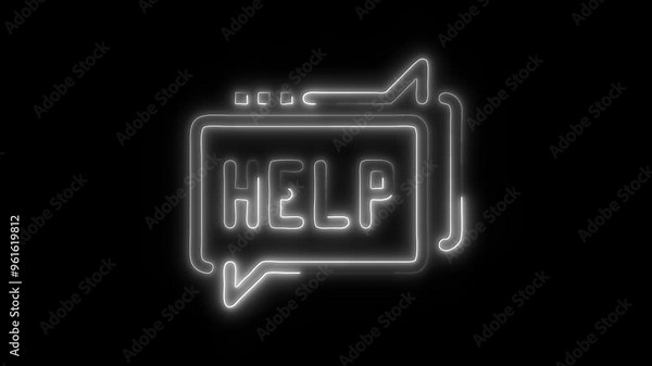 Neon Help Icon Video HD - Glowing Assistance and Support Symbol in Speech Bubble on Black Background Animated for Customer Service and Support Systems