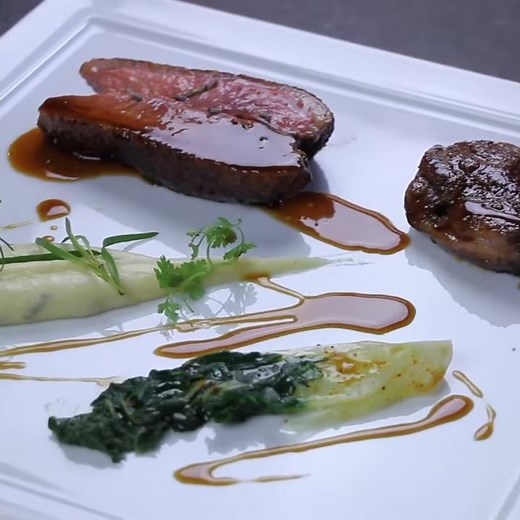 Signature Dish of ENRICO CEREA: Honey-glazed duck, lavender, pak choi, mashed potatoes with herbs