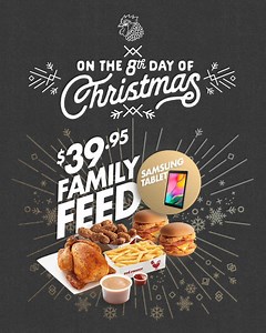 2.6K views · 22 reactions | On the 8th day of Christmas... grab a Family Feed for only $39.95 in Delivery! Want to WIN BIG? Redeem this offer in our app TODAY to enter to win 1 of 5 Samsung Galaxy Tablets. | Red Rooster | Facebook