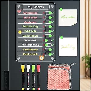 Acrylic Magnetic Erasable Chore Chart for Fridge for Kids, 8"X12" Clear Magnetic Calendar Dry Erase Board to Do List for Refrigerator, Full Focus Planner with 10 Slider Magnets