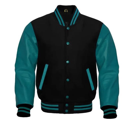 Varsity | Collage Jacket Letterman Black Wool and Zinc Blue Leather - Etsy