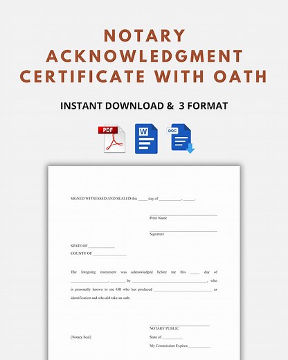 Editable Notary Acknowledgment Form | Printable Notary Certificate Template | PDF, Word & Google Docs | Instant Download Legal Form - Etsy