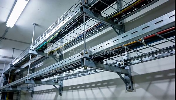Industrial cable management system installation for data center infrastructure and network wiring solutions.