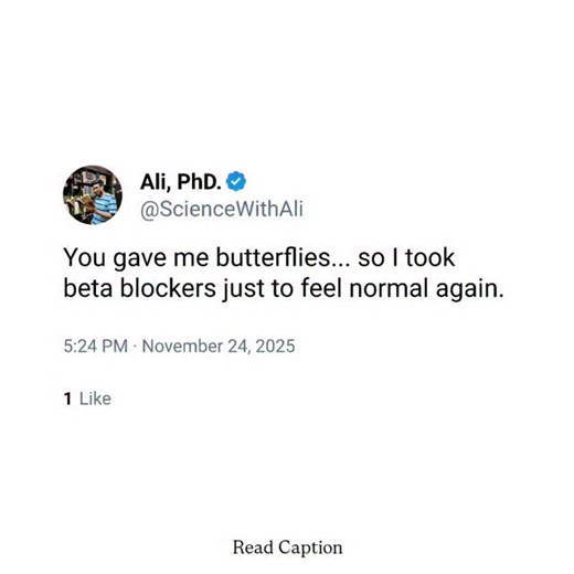 Ali -PhD || PU 🇮🇳 on Instagram: "It uses a playful mix of emotion and physiology to make a scientific joke. “Butterflies in the stomach” is a common metaphor for anxiety or excitement, which is actually caused by activation of the sympathetic nervous system. When a person feels nervous, the body releases adrenaline, increasing heart rate, blood pressure, and gut motility sensations we interpret as fluttering in the stomach. Beta-blockers are medications that inhibit β-adrenergic receptors, red