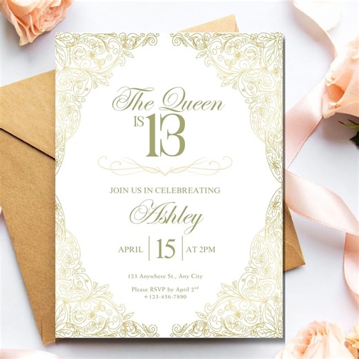 13 Birthday Invitation, the Queen is 13, Royal Elegant Teen Celebrations, Glam Gold Princess-inspired Birthdays, Customizable Download - Etsy