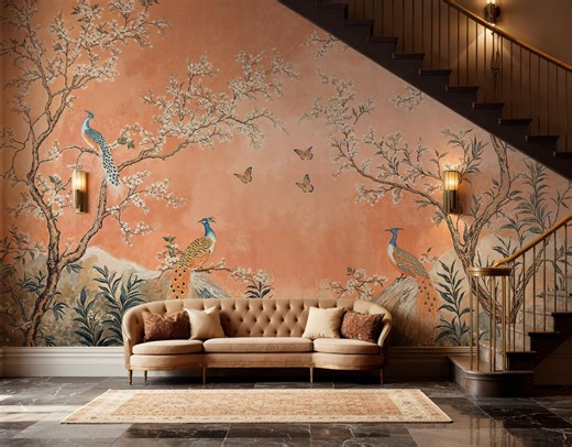 Peach Chinoiserie Peacock Wall Mural With Cherry Blossom, Terracotta Vintage Bird Landscape Peel and Stick Wallpaper, Coral Floral - Etsy