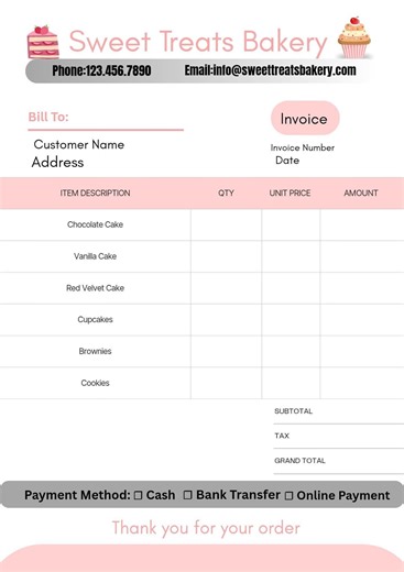 Bakery Invoice Template | Editable Canva Billing Form | Home Baker & Cake Order Invoice - Etsy