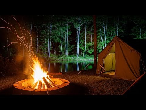 Cozy Campfire by the Forest Pond | Relaxing Night Ambience Live