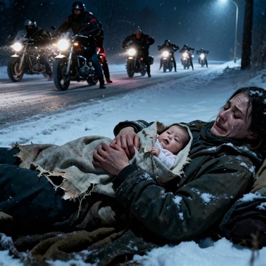 In the middle of a snowstorm, a homeless woman gave birth on the sidewalk. When her cries faded into the cold night, ten roaring engines appeared from the dark horizon… Snow blanketed the streets of Denver that night. The city was asleep, but the wind howled like a wounded animal, tearing through the empty alleyways. Under the flickering light of a broken streetlamp, a young woman lay trembling on the frozen pavement. Her name was Emily Carter—twenty-five, homeless, and utterly alone. Her contra