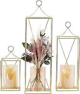 Set of 3 Tall Metal Lanterns 24’’ & 19’’ & 13’’ Elegant Decorative Lantern with Pillar Candle Holder, Garden Porch Night Indoor/Outdoor for Wedding Decor, Party, Christmas (Gold)