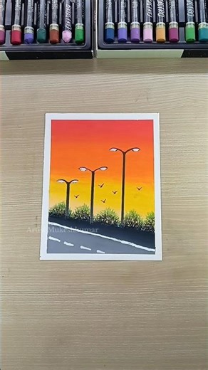 ✨ Easy sunset road painting l sunset landscape with oil pastel art #shorts #art #ytshorts #drawing