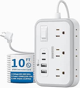 Power Strip 10 ft, Flat Plug Extension Cord with 6 Outlets 4 USB Ports, Outlet Extender Long Cord, Overload Protection, Extension Cord with Multiple Outlets for Indoor, Home, Office