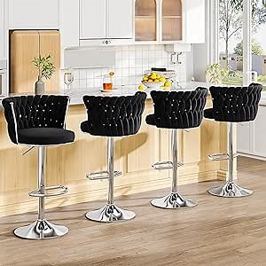 AWQM Black Bar Stools Set of 4,Modern Swivel Bar Chairs Velvet Counter Height Bar Stools with High Back & Footrest,Adjustable Kitchen Island Chairs for Bar,Dining Room