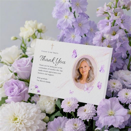 Purple Butterfly Funeral Thank You Card With Photo, Celebration of Life Thank You Note, Lilac Floral Memorial Printable, Editable Template - Etsy