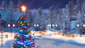 Outdoor Christmas tree decorated by christmas lights with defocused alpine mountain village on the background at snowfall winter night. From close-up to full length view 3D animation rendered in 4K
