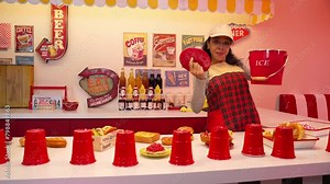 Professional hispanic restaurant worker dancing and standing behind food bar. Attractive waitress with red apron moving to freestyle music while looking at camera. Crazy and funny dance. Regalement.