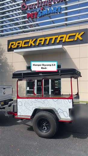 iKamper Skycamp 3.0 Black mounted on a custom trailer with 2.0 Mounting Brackets. Tent is mounted to open towards the driver side. #rackattack #ikamper #skycamp #rooftoptent #tent #rtt #camp #camping #outdoors #overland #overlanding #tampa #florida #overlander