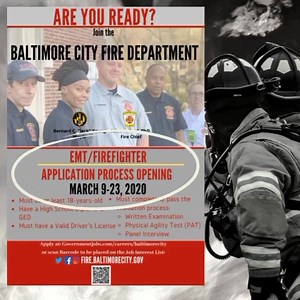 ‪There is still time to apply for the EMT/Firefighter position! The deadline is March 23. Apply Here ➡️➡️➡️➡️ https://www.governmentjobs.com/careers/baltimorecity/jobs/2708717/emt-firefighter-fire-department?page=5&pagetype=jobOpportunitiesJobs Bernard C. "Jack" Young Chief Niles R. Ford | Baltimore City Fire Department | Facebook