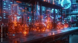 A futuristic chemistry lab filled with beakers and flasks glowing with an orange light, creating a mesmerizing display of virtual experiments.