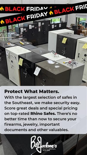 Don't Wait! 🚨 The largest selection of safes in the Southeast is here, and the deals are incredible! Special pricing is available right now on Rhino Safes. #rhinometals #safes #blackfridayshopping #gunsafety #billjacksonshopforadventure | Bill Jackson Shop for Adventure