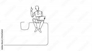 Animated self drawing of continuous one line drawing of robotic artificial intelligence sitting on giant briefcase holding laptop raise one hand. Programming robots. Full length single line animation