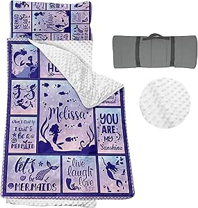 Personalized Nap Mat for Toddler - Custom Name Daycare Cot Bedding for Preschool, Nap Sack Mat for Toddlers Girl Boy, Dark Purple Mermaid Sleeping Mat Bedding Set with Blanket Pillow