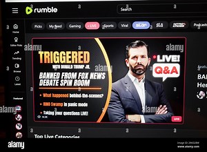 New York, New York, USA. 24th Aug, 2023. The homepage of video streaming site Rumble featuring Donald Trump Jr, which caters towards Conservative free speech advocates upset with Google's content moderation and YouTube monetization policies, which many conservatives and far-right content creators allege unfairly discriminates on their speech. (Credit Image: © Taidgh Barron/ZUMA Press Wire) EDITORIAL USAGE ONLY! Not for Commercial USAGE! Stock Photo - Alamy