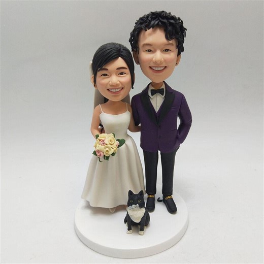 Custom Wedding Cake Topper, Couple Bobblehead With Pet - Etsy