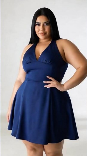 Plus Size Navy Blue Halter V-Neck Skater Dress | Elegant Curvy Chic Look 💙✨