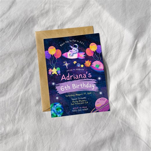 Blast off Outer Space Birthday Invitation 5x7, Galaxy Girl Party, Little Explorer Astronaut Theme - Etsy