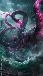 A large purple octopus with pink tentacles is swimming in the ocean. The image has a dark and mysterious mood, with the octopus appearing to be a creature from another world. Vertical video