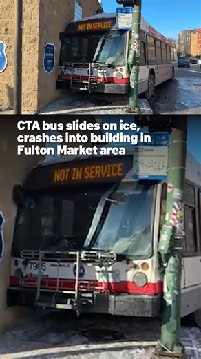 A CTA bus slid on ice this morning and crashed into a building in Chicago's Fulton Market area. According to a spokesperson for the transit agency, the bus was traveling around 9 a.m. eastbound on Grand near Noble when it slid on ice, jumped a curve and crashed into a building. No injuries were reported in the crash, but damage was visible on the bus. #cta #chicago #buscrash #transportation #fultonmarket | NBC Chicago