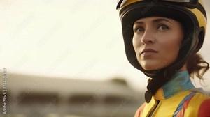 A young female jockey wearing a yellow helmet and rustcolored jumpsuit standing at attention looking ahead into the distance in a close up portrait as a blurred racetrack looms