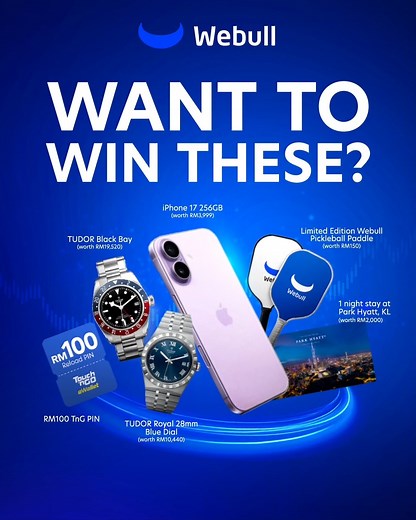 Over RM80,000 worth of prizes up for grabs!​​ Join the #SamaSamaWebull Challenge today at samasamawebull.com​​ ​ 𝗧𝗶𝗲𝗿 𝟭​​ Start simple:​​ ✔️ Download the Webull app and complete registration [1 Entry]​​ ✔️ Upload your photo on samasamawebull.com [1 Entry]​​ ✨ Stand to win TnG reload PINs and pickleball paddles!​​ ​ 𝗧𝗶𝗲𝗿 𝟮 ​​ Level up your chances:​​ ✔️ Open a Webull account [1 Entry]​​ ✔️ Deposit RM500 in total [1 Entry]​​ ✔️ Deposit RM2000 in total [1 Entry]​​ 🎁 Stand to win Tudor wa