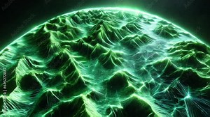 Close-up footage of a digital holographic landscape with vibrant green lines mapping out a dynamic terrain