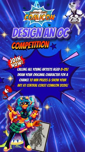 🎨✨ DESIGN AN OC 2026 COMPETITION IS LIVE! ✨🎨 Our hugely popular OC Drawing Comp is BACK for 2026! Central Coast Comicon is inviting all artists aged 8–25 to design their own Original Character, be in the chance to win EPIC prizes and have it exhibited at Comicon this May! 🏆 Prizes include creative drawing packs, FREE Comicon passes (Family Pass for 1st!), Hoyts movie tickets PLUS the opportunity to attend a design workshop with an industry expert to learn and further your creative skills! 📅 