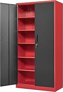 Yizosh Metal Garage Storage Cabinet with 2 Doors and 5 Adjustable Shelves - 71" Steel Lockable File Cabinet,Locking Tool Cabinets for Office,Home,Garage,Gym,School (Red Black)
