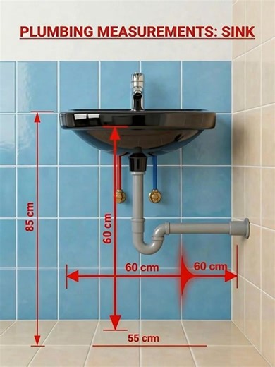 an instructional diagram titled "PLUMBING MEASUREMENTS: SINK." It provides a visual guide for the standard heights of bathroom sink components, measured from the finished floor. VISUAL BREAKDOWN The image features a wall-mounted white ceramic basin against a blue-tiled wall. The plumbing is exposed, showing the water supply lines and the drainage system. 1. VERTICAL HEIGHT MEASUREMENTS The diagram specifies three critical vertical measurements: • Basin Rim Height (85 cm): The top edge of the sin
