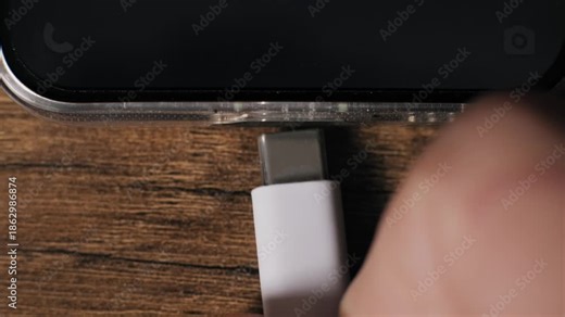 Top-down macro shot of a hand unplugging a white USB-C cable from a smartphone in a clear case. The device port disconnects from the power supply on a brown wood table surface.