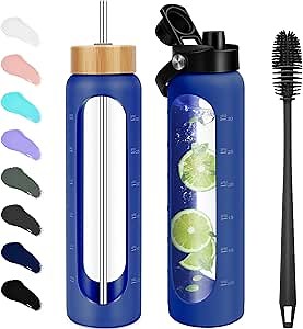 FULBEVY 32 oz Glass Water Bottles - 1 Liter Motivational Tumbler Water Bottle Time Marker - Borosilicate Glass Water Bottle With Silicone Sleeve and 2 Lids, Handle Spout & Bamboo Straw Lid